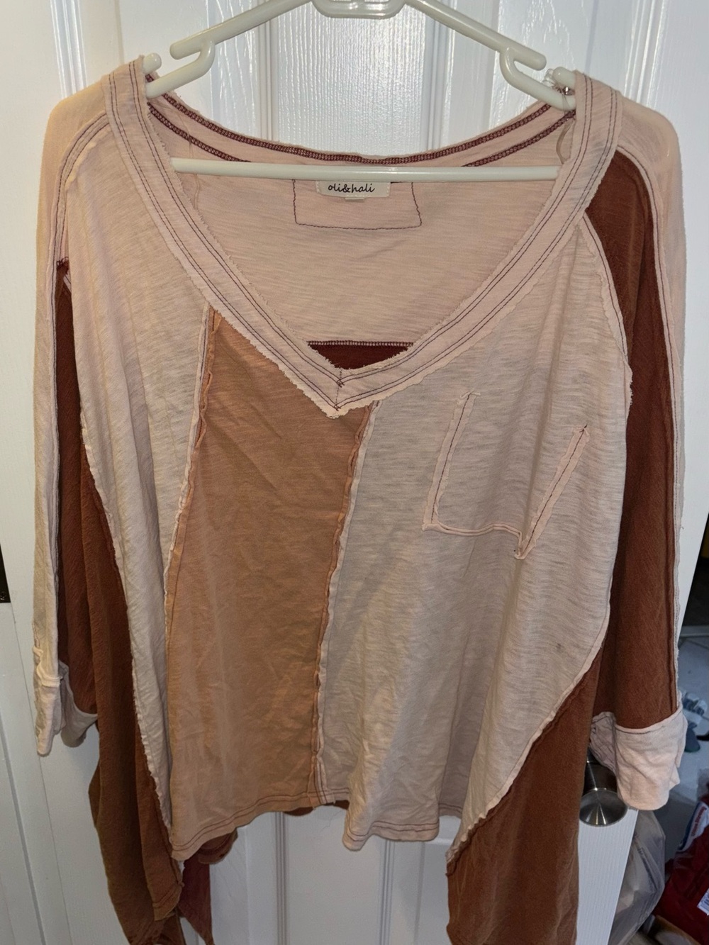 Oli & Hali Patchwork V-Neck Tunic in Blush Pink and Brown